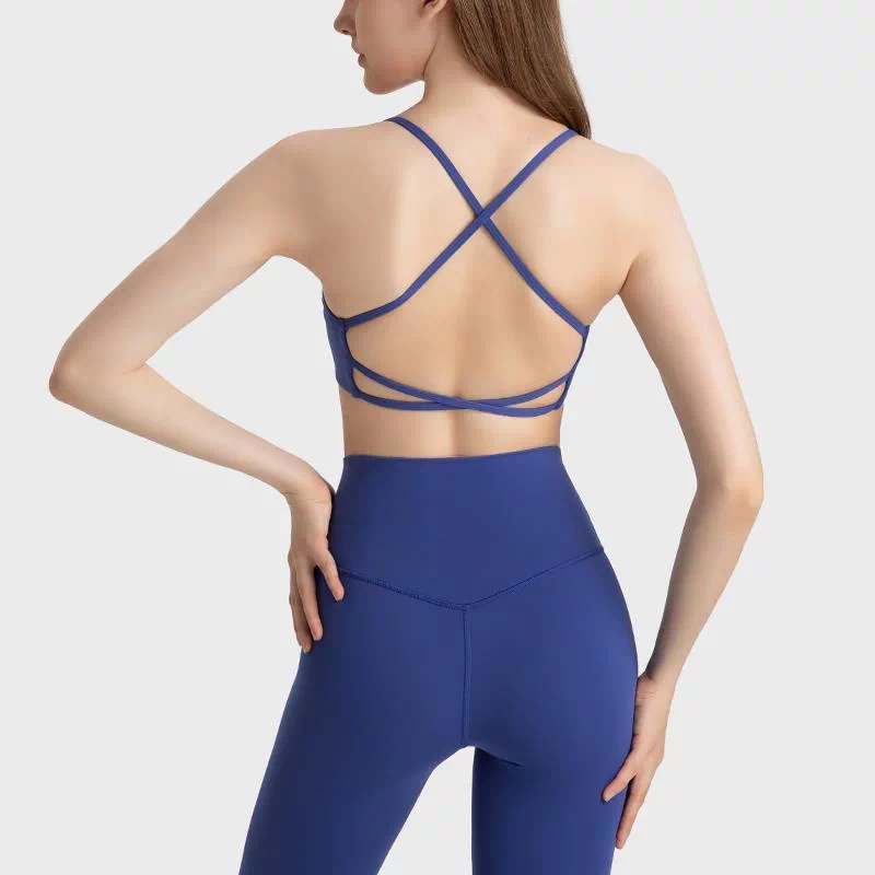 Deep blue crisscross-back sports bra, rear view