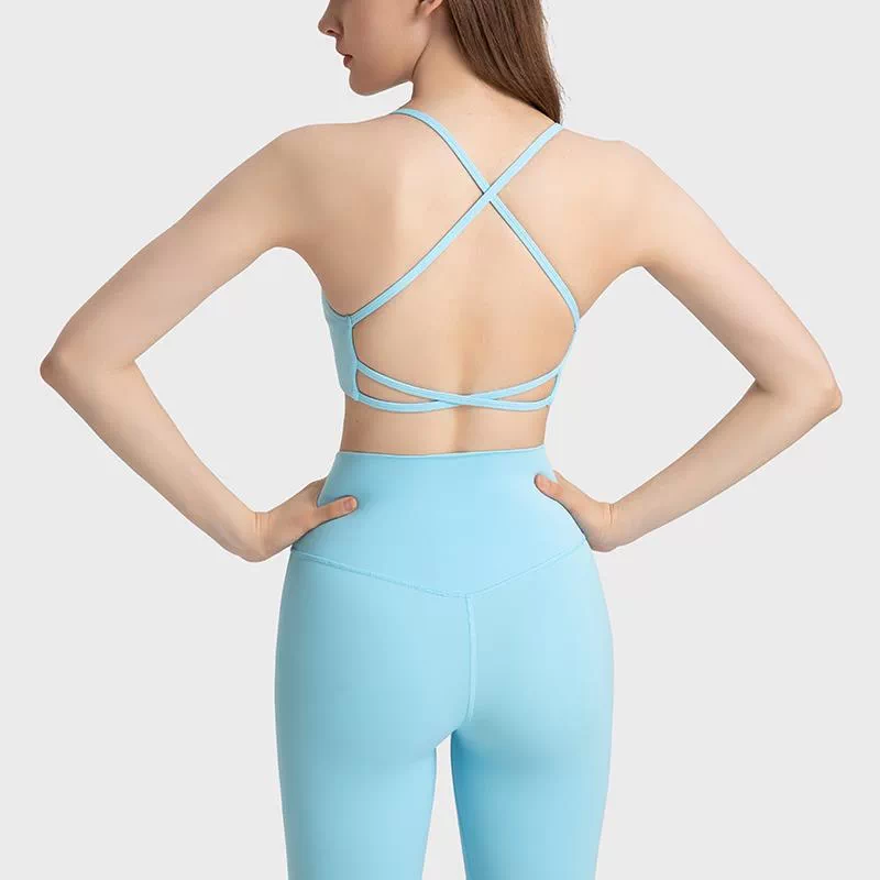 Cool blue crisscross-back sports bra, rear view