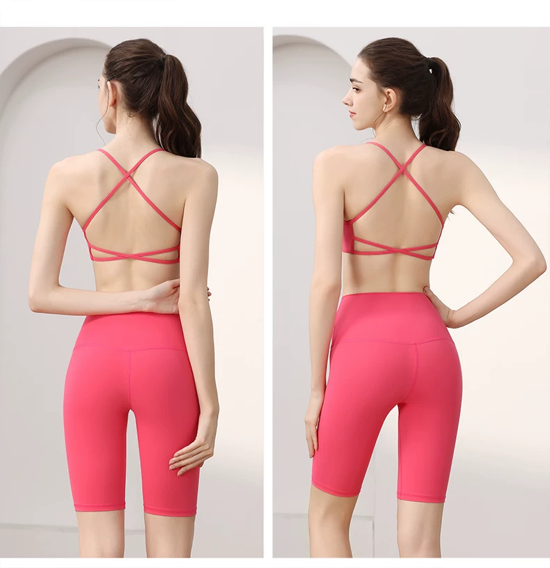 Pink crisscross-back sports bra shown in two rear views