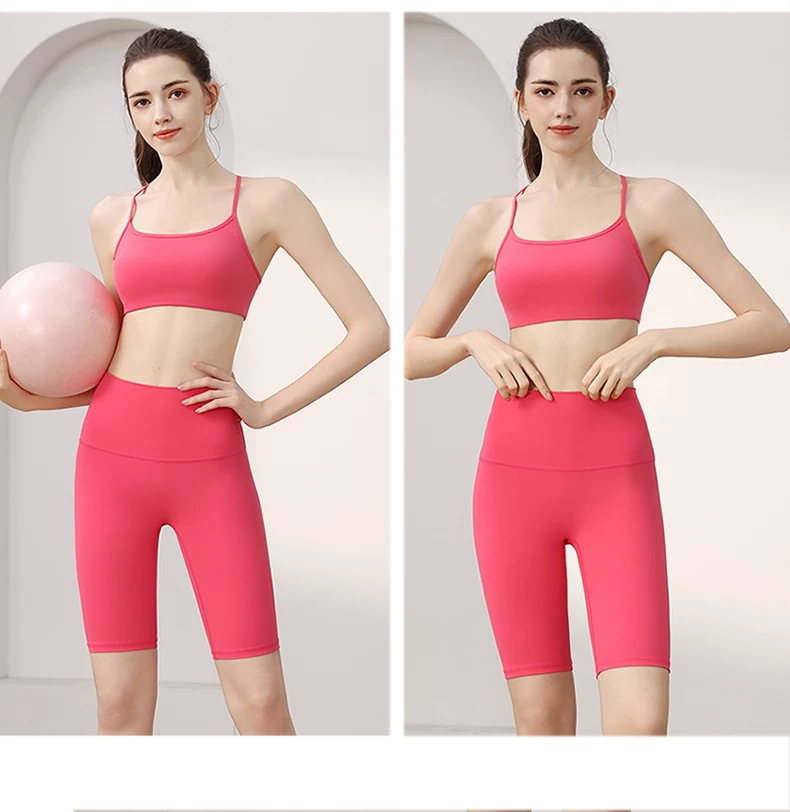 Pink sports bra front styling shown in two views