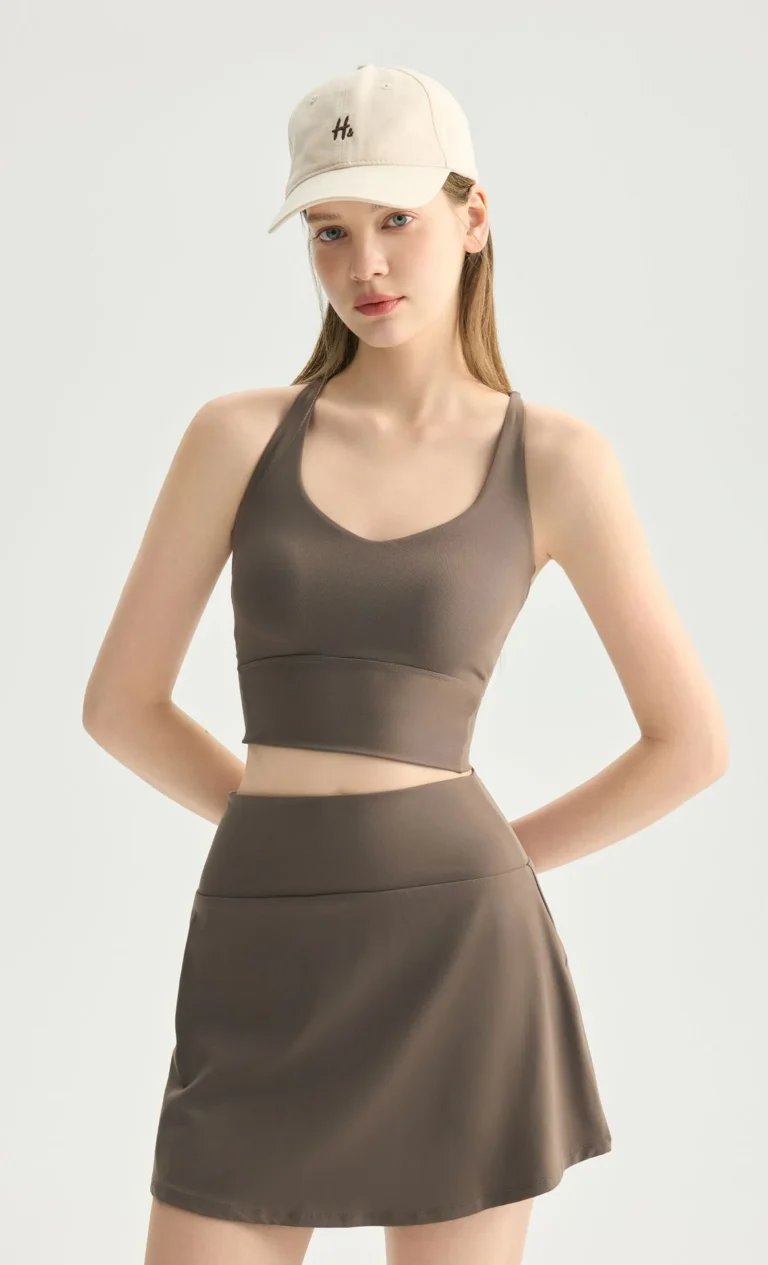 Qinelle racerback sports bra crop top taupe front