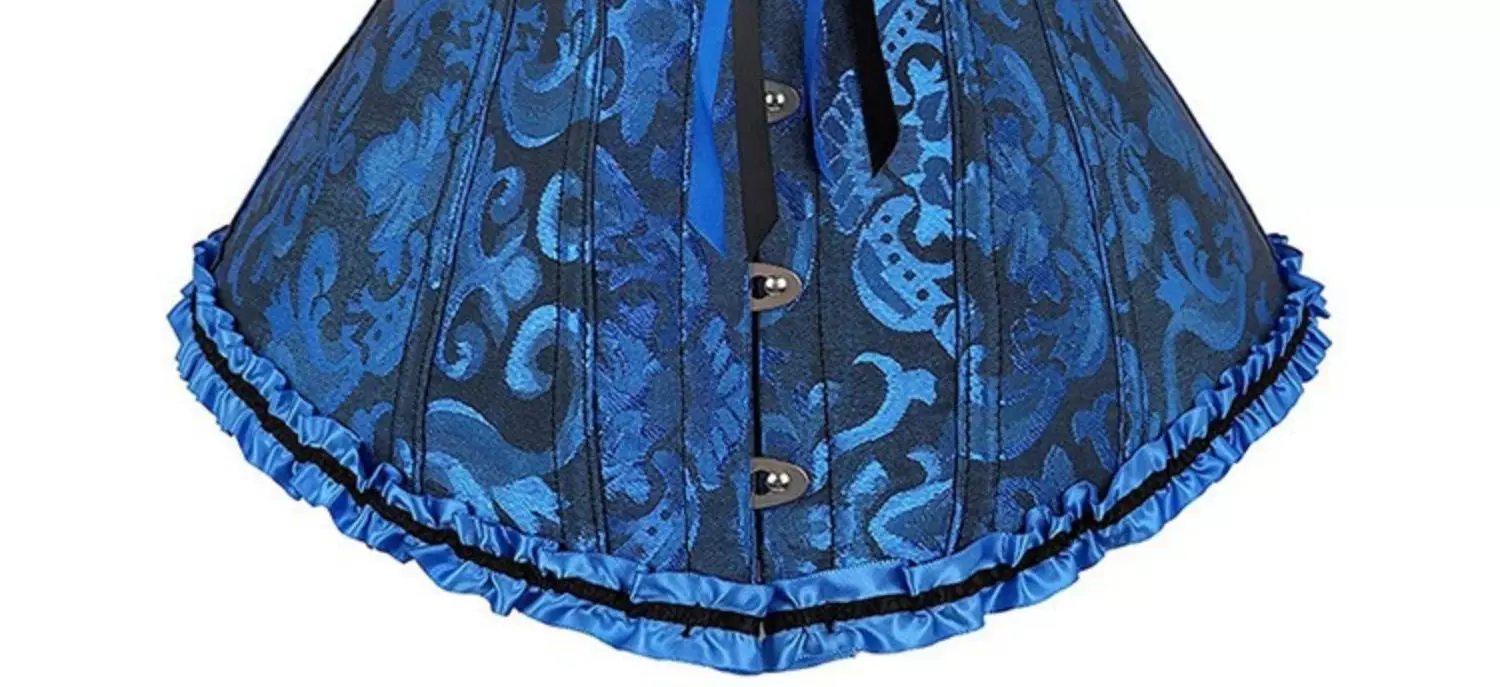 Blue corset hem detail showing brocade fabric, vertical seams and gathered ribbon trim