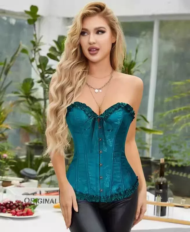 Dark green strapless corset styled with black trousers