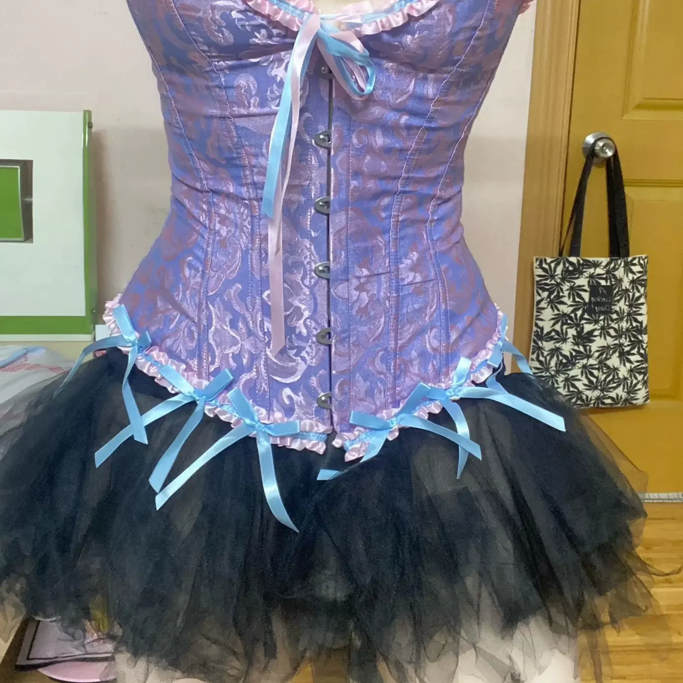 Blue and pink corset styled with a black tulle skirt