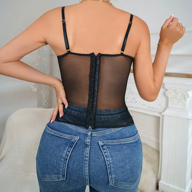 Black floral lace longline bustier back fit view