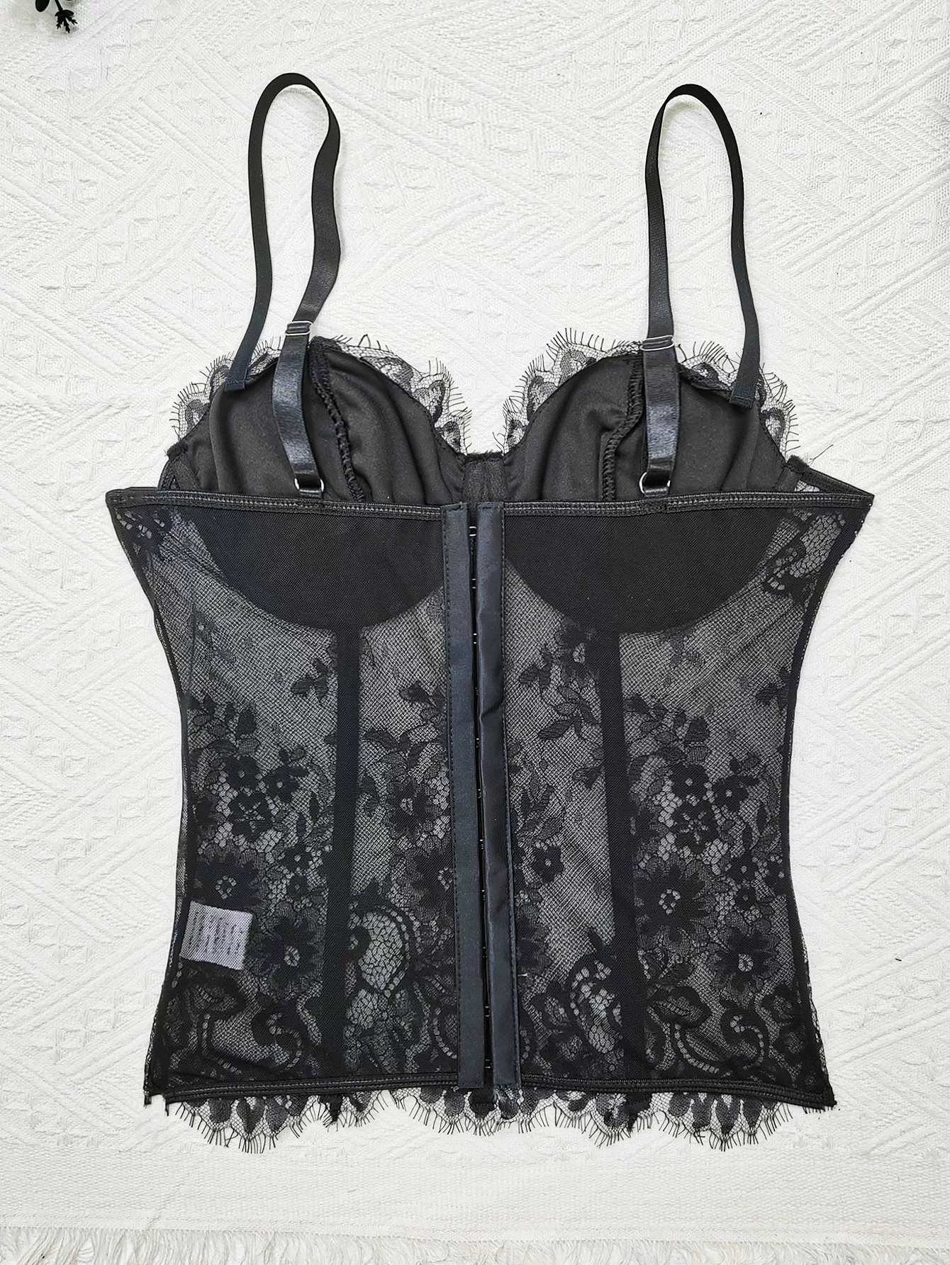 Black floral lace longline bustier flat back construction view