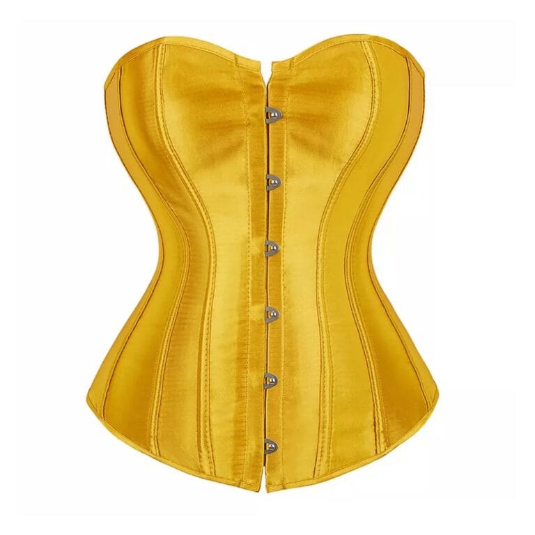 Qinelle 30897 Yellow front view with strapless corset shape and hook closure