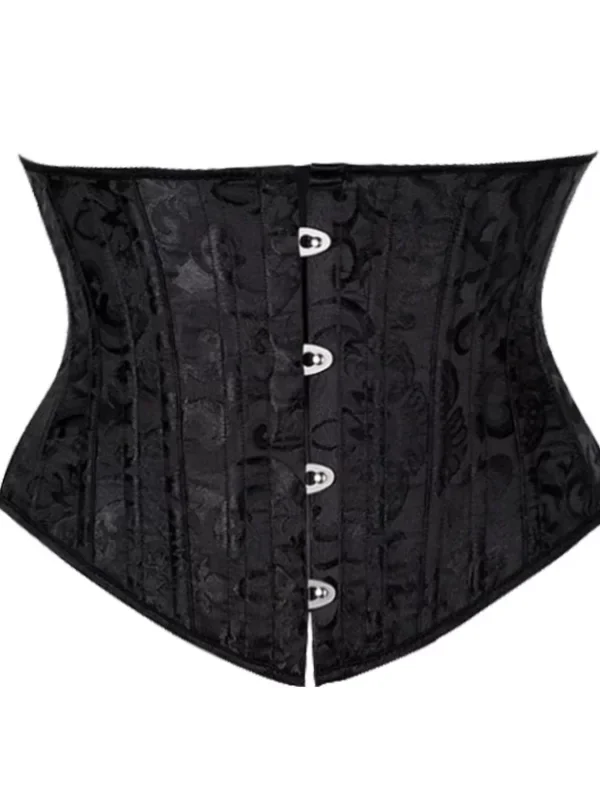 Black brocade underbust corset with front busk closure