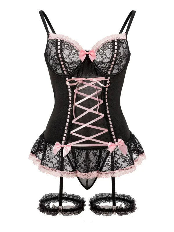 Qinelle black lace corset garter dress studio front view with pink ribbon trim