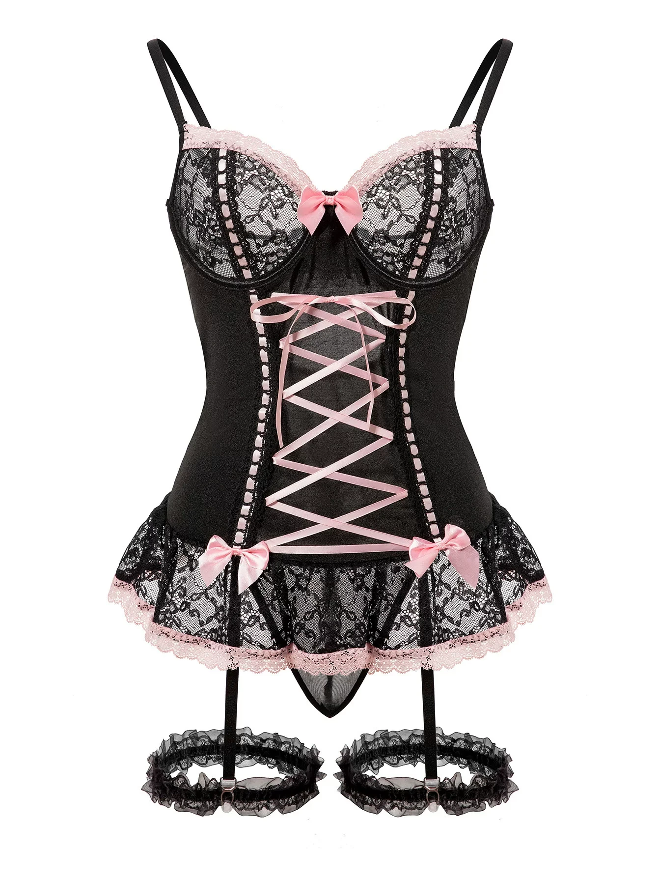 Qinelle black lace corset garter dress studio front view with pink ribbon trim