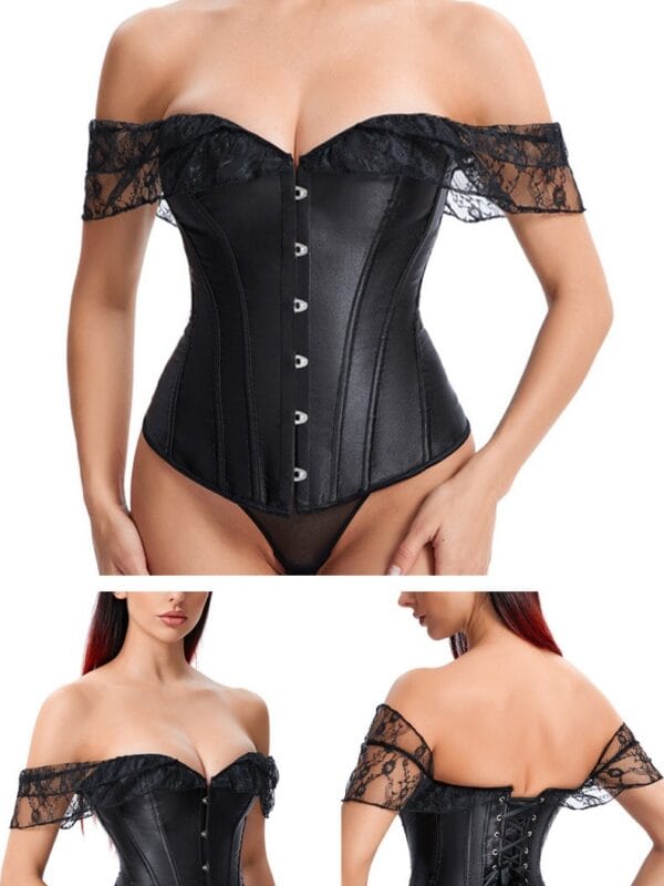 Black off-shoulder lace corset top shown from front, angled front and back