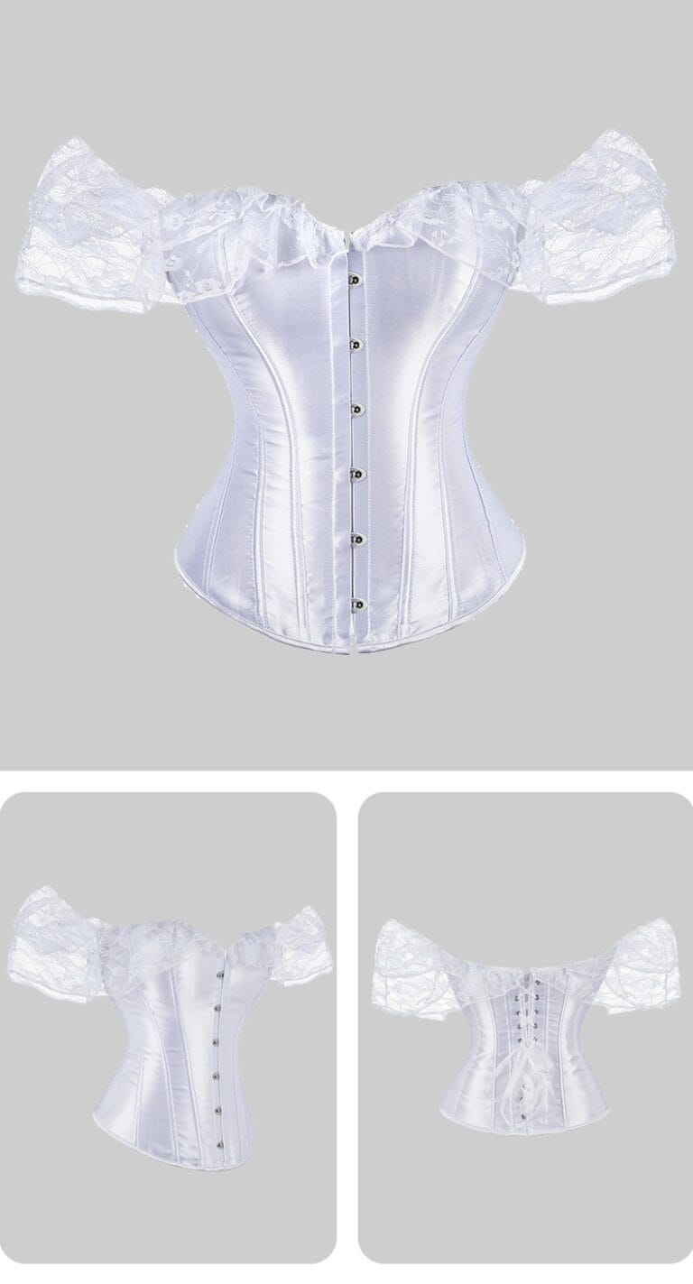 White off-shoulder lace corset top front, angled front and back product views