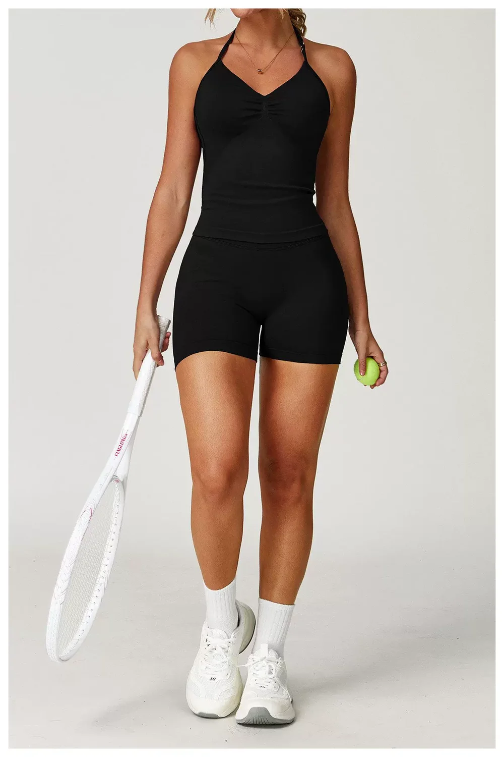 Black high-waist seamless biker shorts full front view