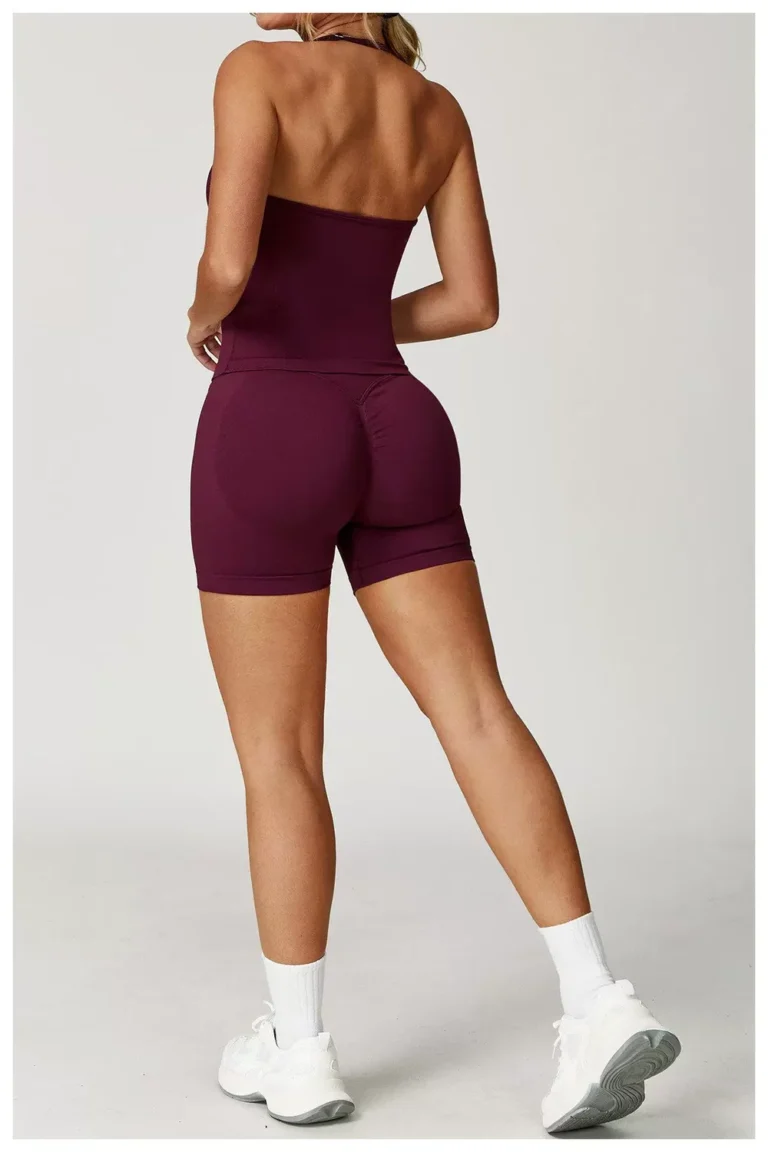 Burgundy seamless biker shorts full rear outfit view