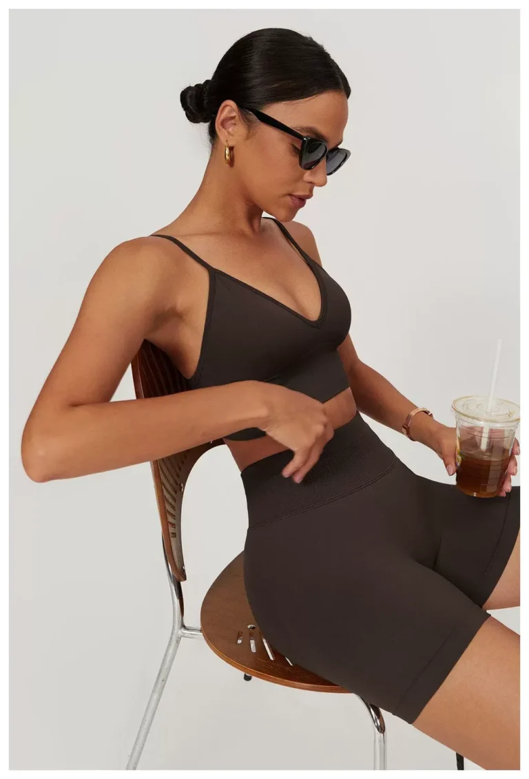 Coffee brown high-waist seamless biker shorts full front view