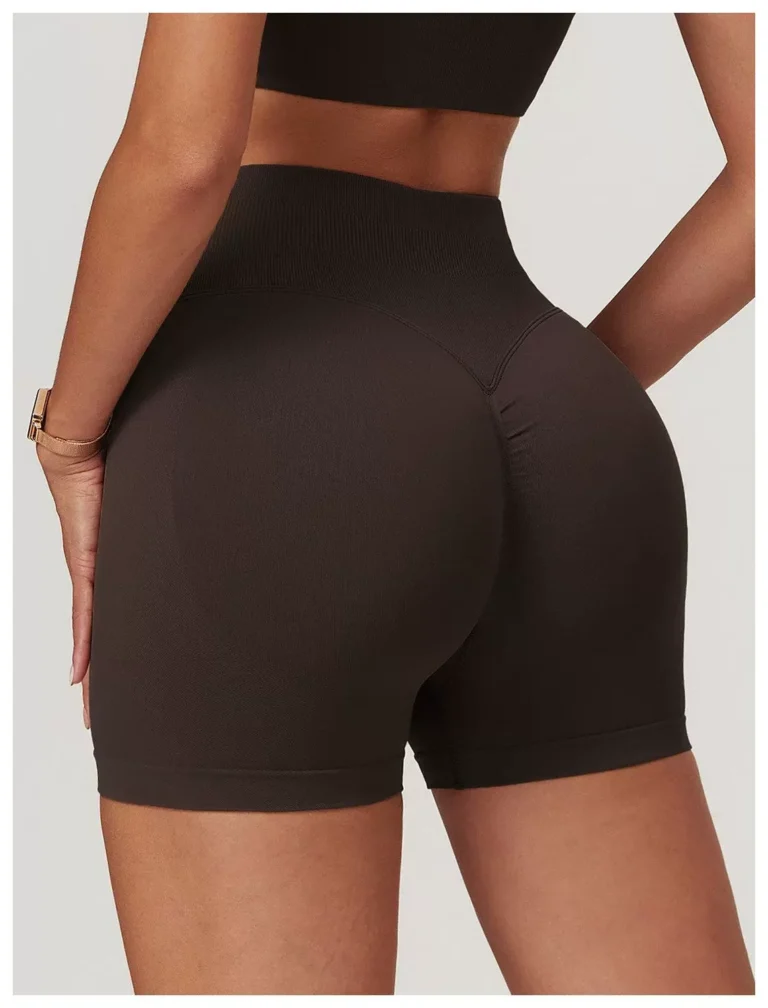 Coffee brown seamless biker shorts rear angle with V contour seam