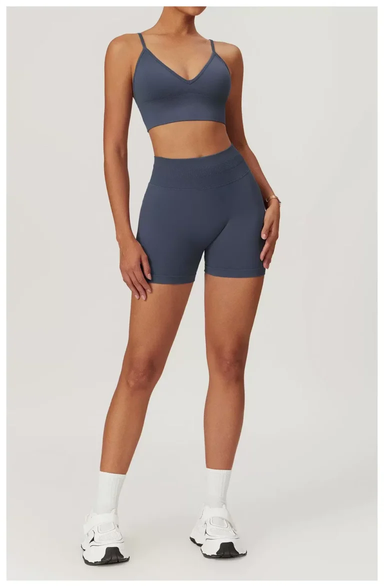Deep blue high-waist seamless biker shorts full front view