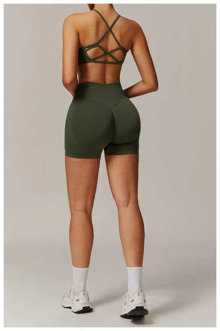 Forest green high-waist seamless biker shorts full rear view