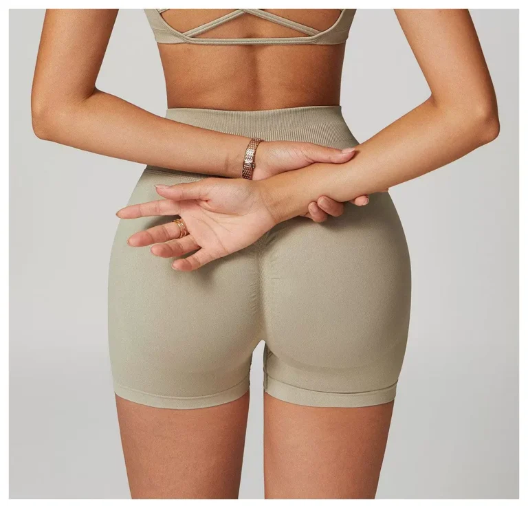 Oat beige seamless biker shorts front view with ribbed high waistband