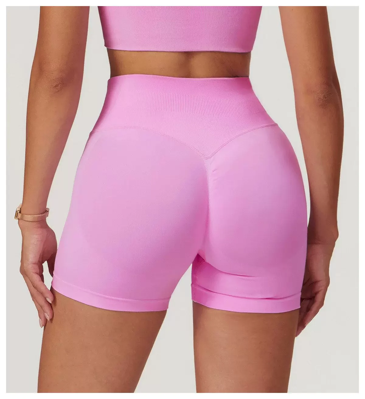 Petal pink seamless biker shorts rear view with contour seam