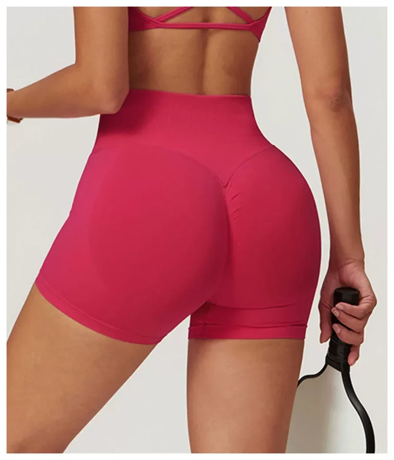 Raspberry seamless biker shorts rear angle showing scrunch-back seam