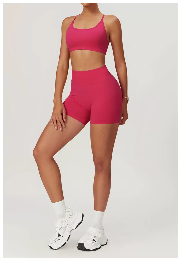 Raspberry high-waist seamless biker shorts full front outfit view
