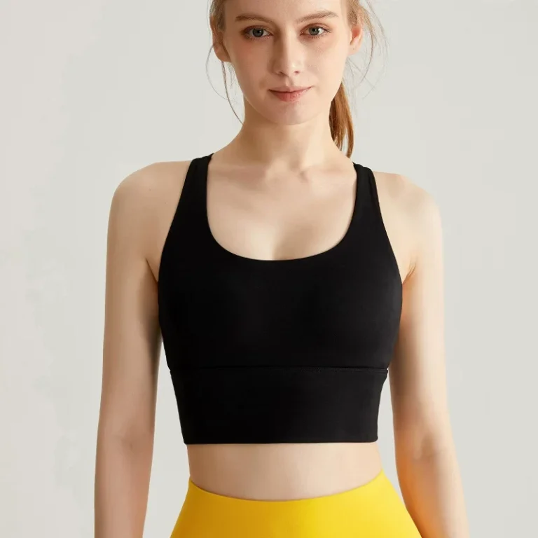 Black cross-back longline sports bra crop top front view