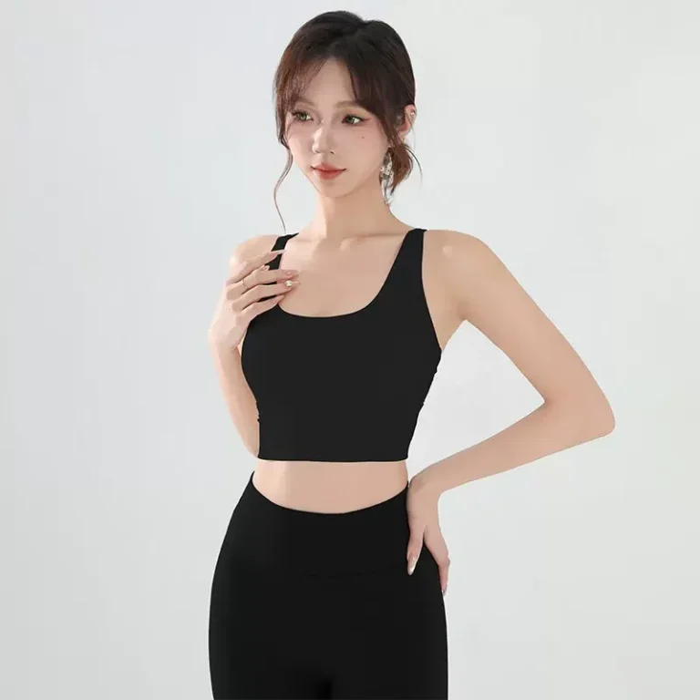 Black longline sports bra crop top lifestyle view