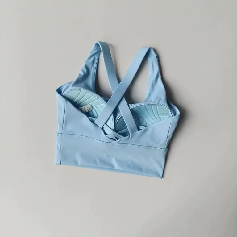 Fairy Blue longline sports bra cross-back flat view