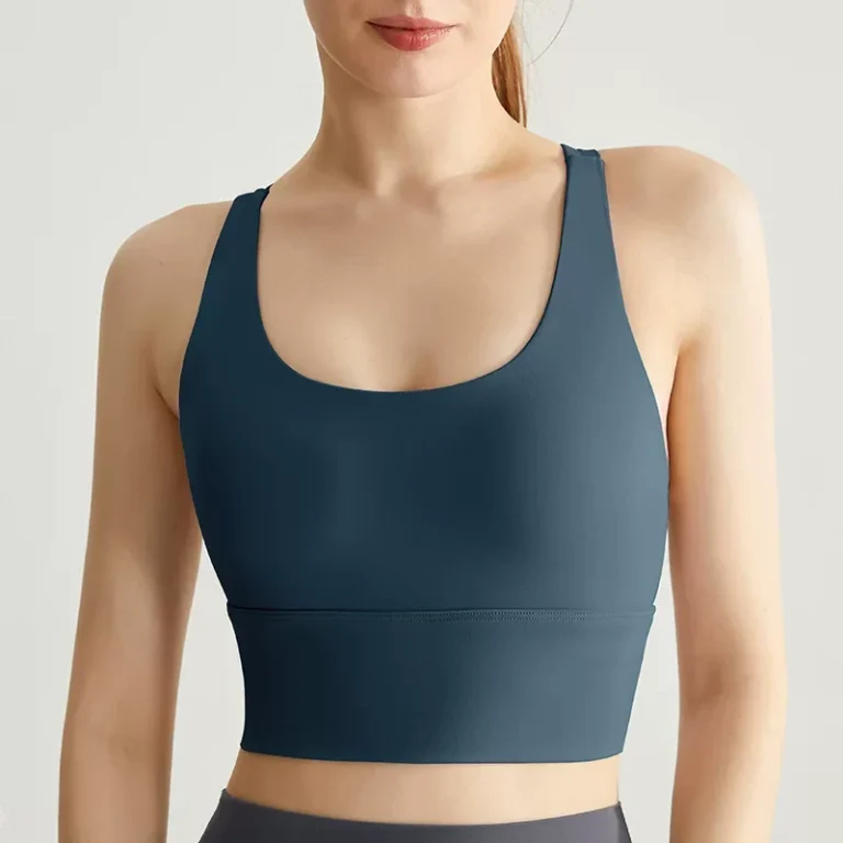 Fairy Blue cross-back longline sports bra crop top front view
