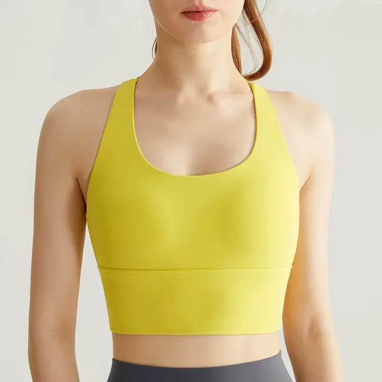 Grain Yellow cross-back longline sports bra crop top front view