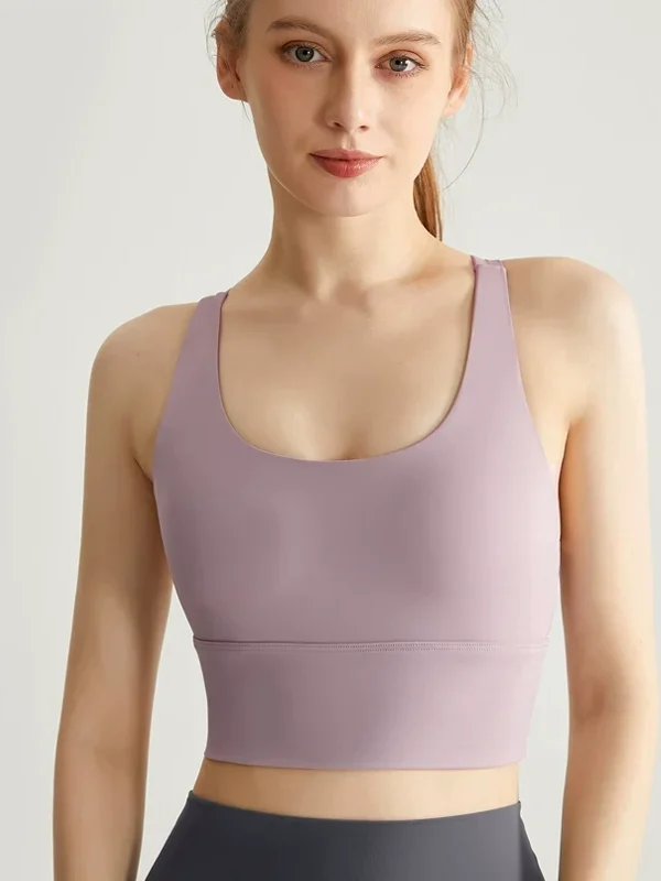 Purple Gray cross-back longline sports bra crop top front view