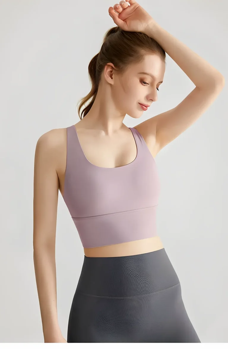 Purple Gray longline sports bra crop top lifestyle view
