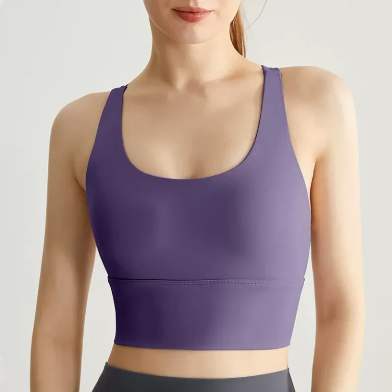 Smoky Purple cross-back longline sports bra crop top front view