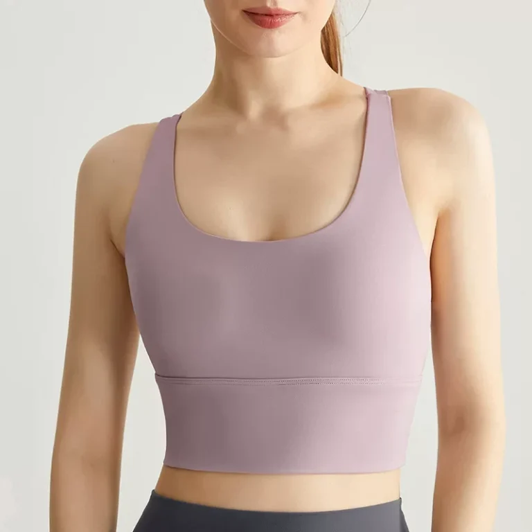 Taro Purple cross-back longline sports bra crop top front view