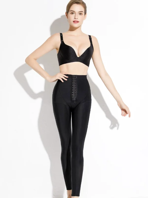 Black full-length high-waist front-hook post-surgery leggings front view