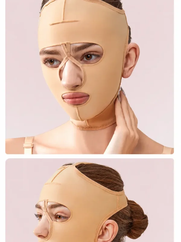 Beige full-face post-surgery compression mask shown from front and side