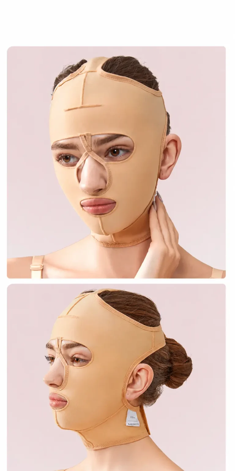 Beige full-face post-surgery compression mask shown from front and side