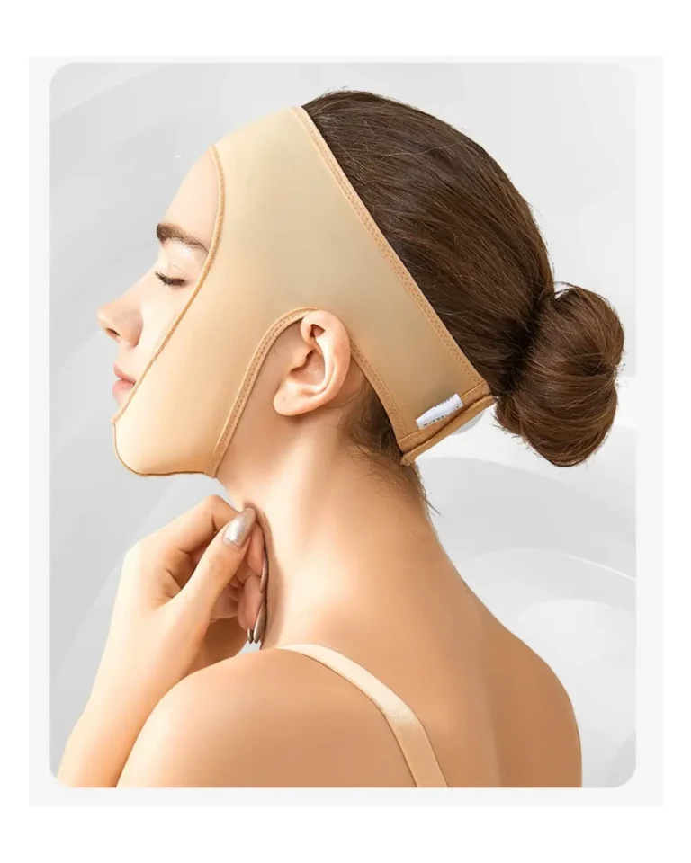 Skin-color full-head facial compression mask side view