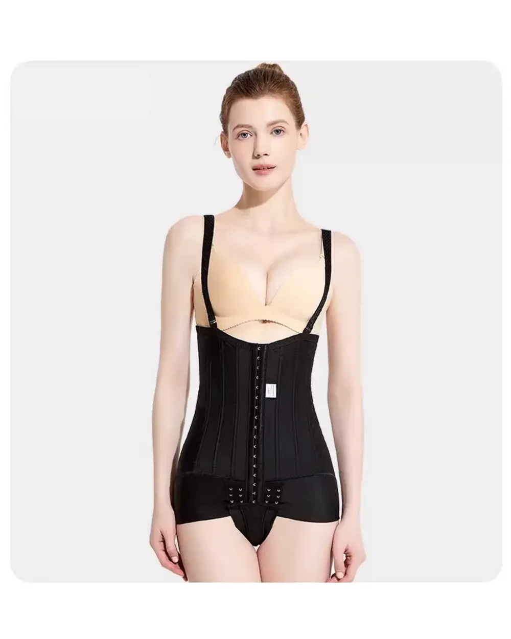 Black high-waist open-bust post-surgery brief bodysuit front view
