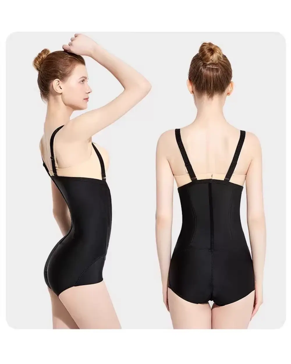 Black open-bust recovery brief bodysuit side and back views
