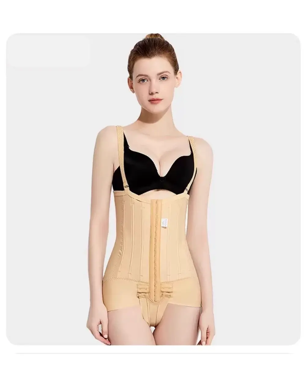 Skin-color high-waist open-bust post-surgery brief bodysuit front view