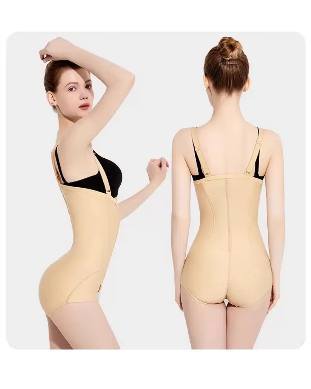 Skin-color open-bust recovery brief bodysuit side and back views