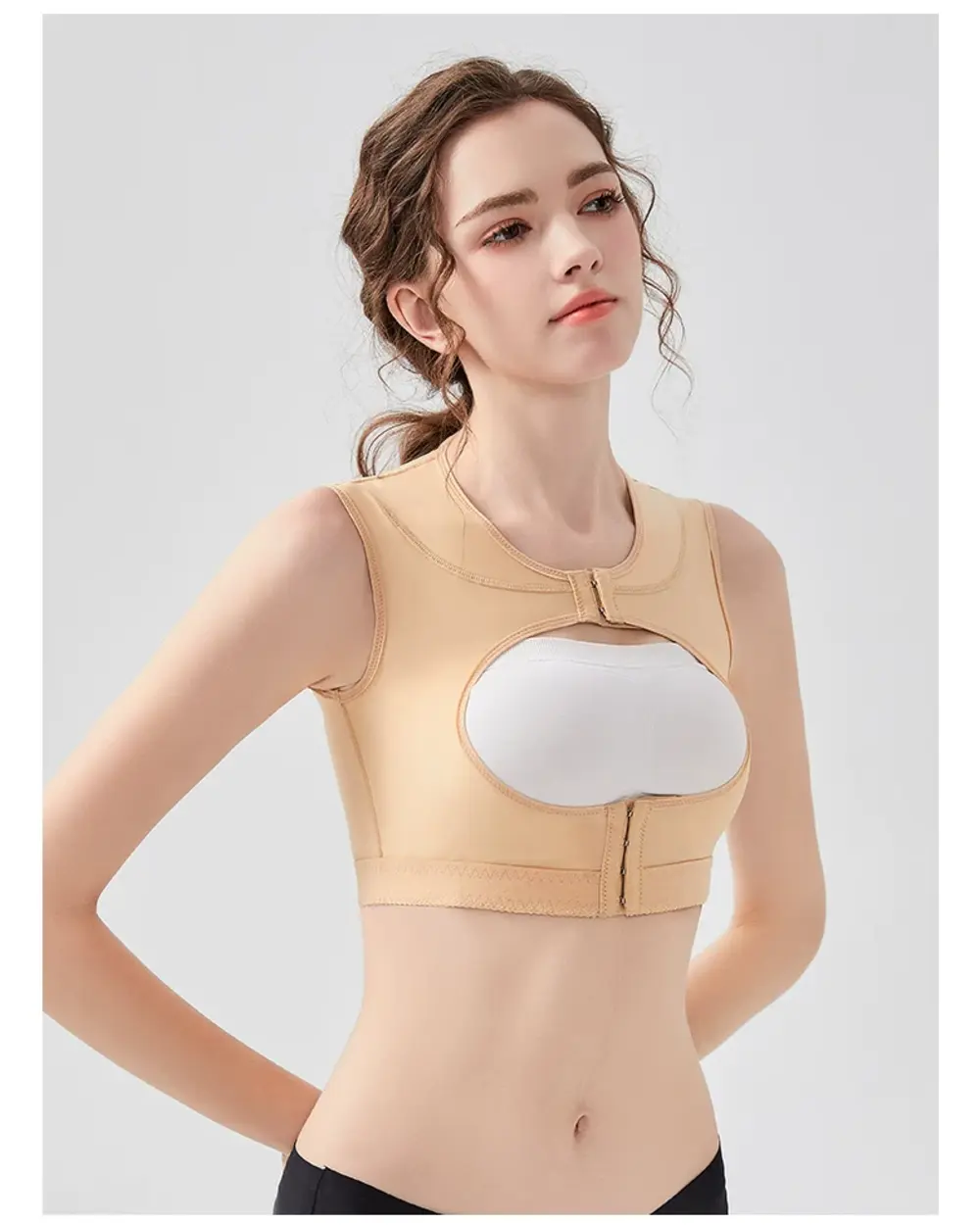 Skin-color open-bust post-surgery support vest front view