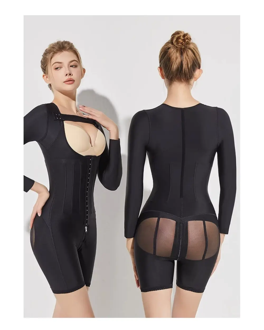 Black long-sleeve open-bust post-surgery compression bodysuit front and back views