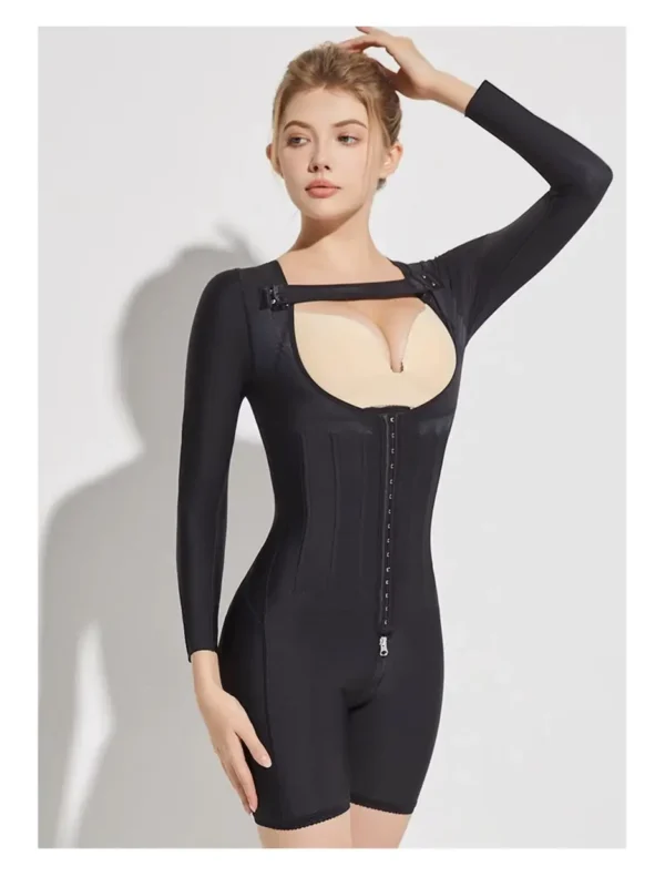 Black long-sleeve open-bust compression bodysuit front view with hook-and-zip closure