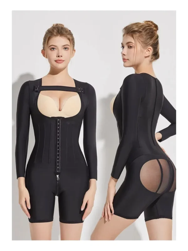 Black long-sleeve open-bust post-surgery compression bodysuit front and side views