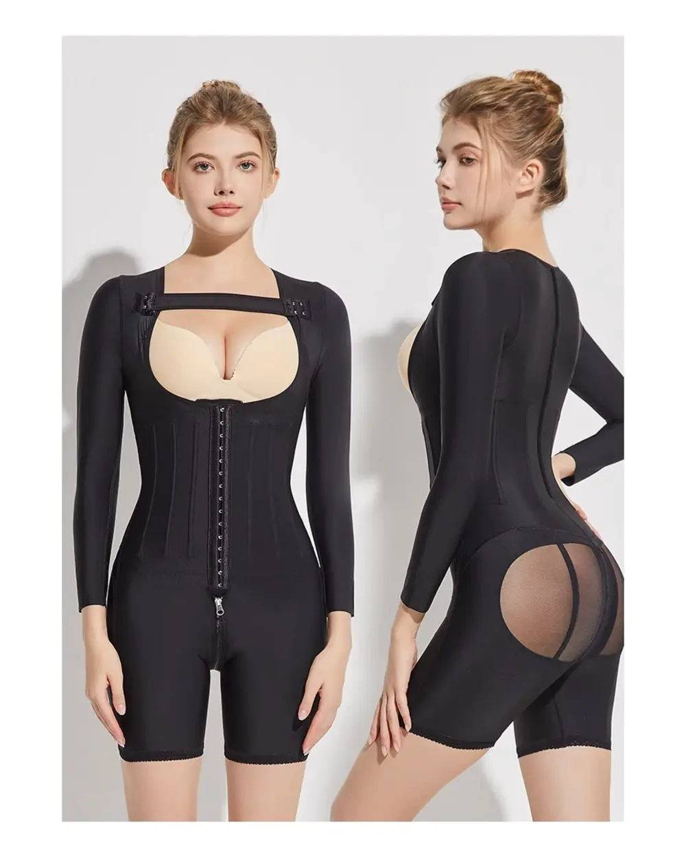 Black long-sleeve open-bust post-surgery compression bodysuit front and side views