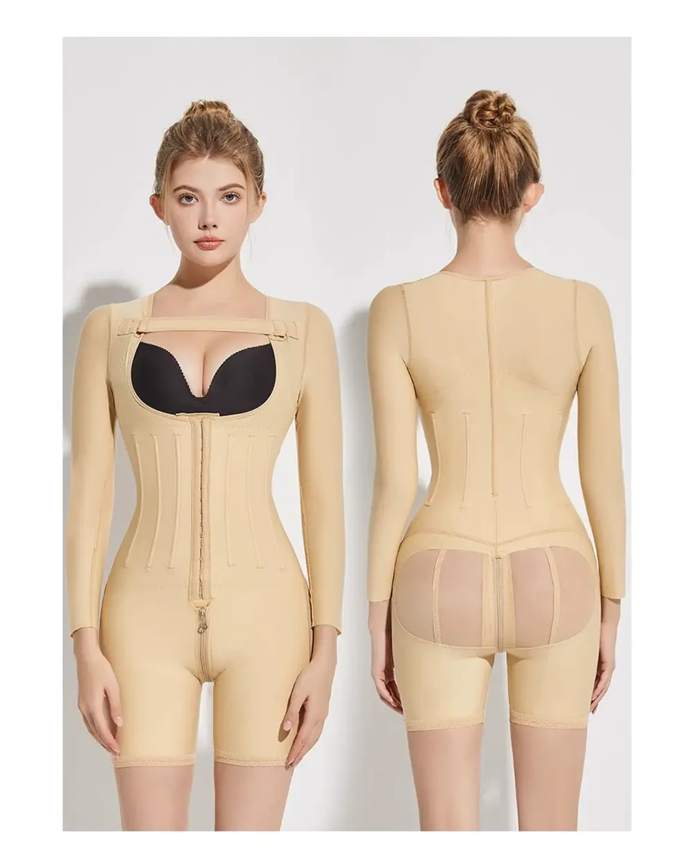 Skin-color long-sleeve post-surgery compression bodysuit front and back views