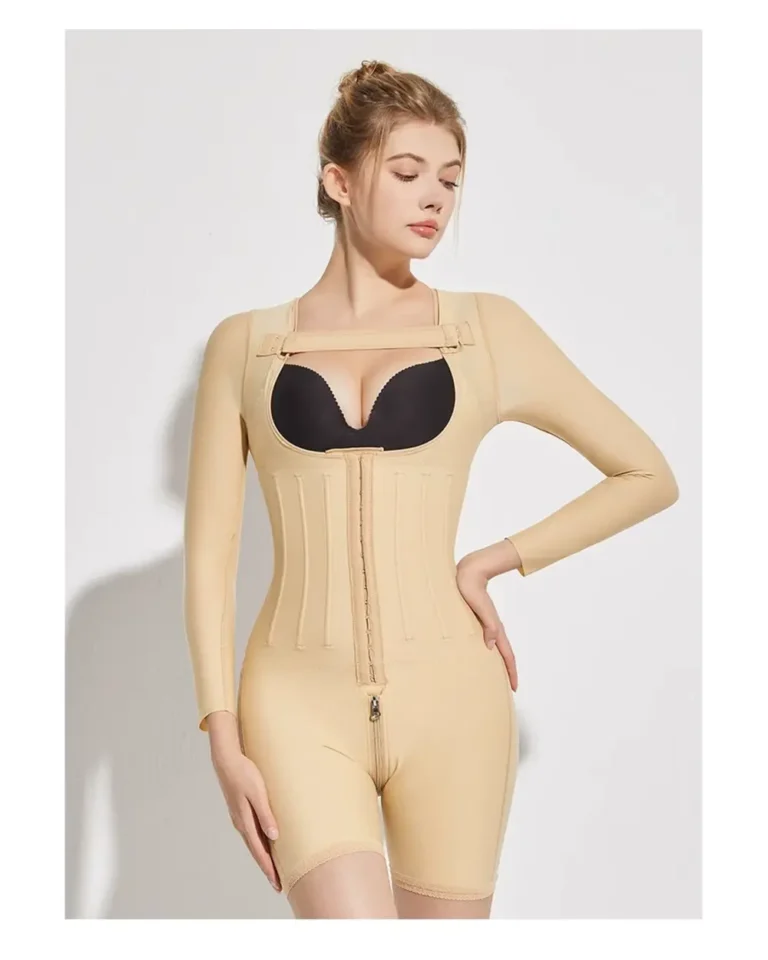 Skin-color long-sleeve open-bust compression bodysuit front view